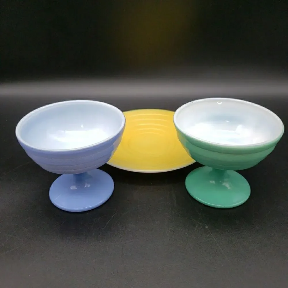 Vtg Hazel Atlas Moderntone Platonite 4pc Pastel Mixed Set Blue Green Yellow Pink